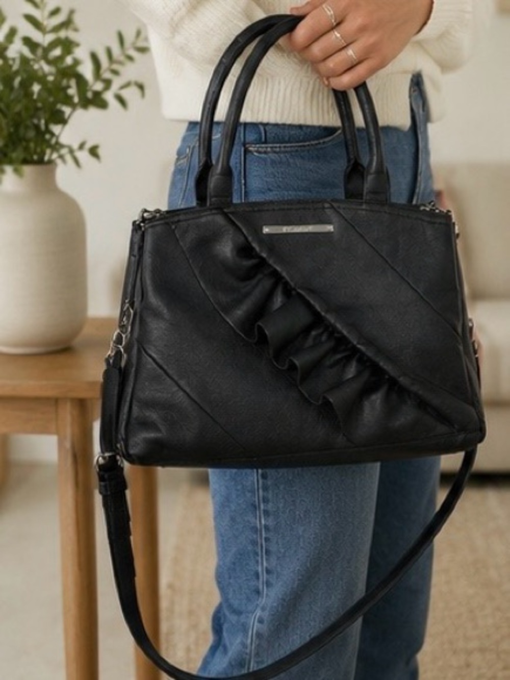 Women's Black Ruffled Satchel Handbag - Classic Style